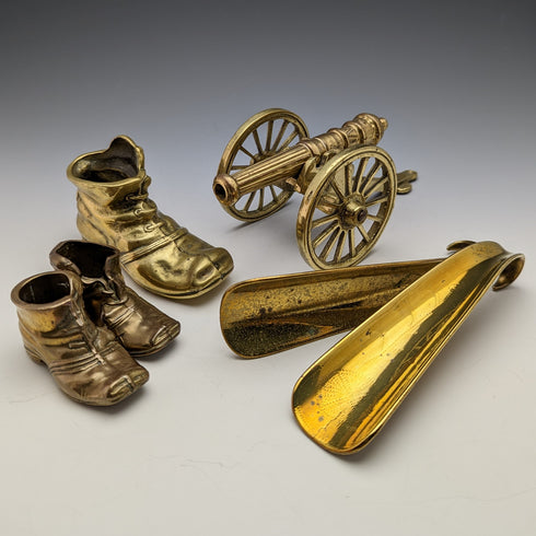 British Vintage Brass Cannon & Shoe Object x3 Shoehorn x2 Assorted